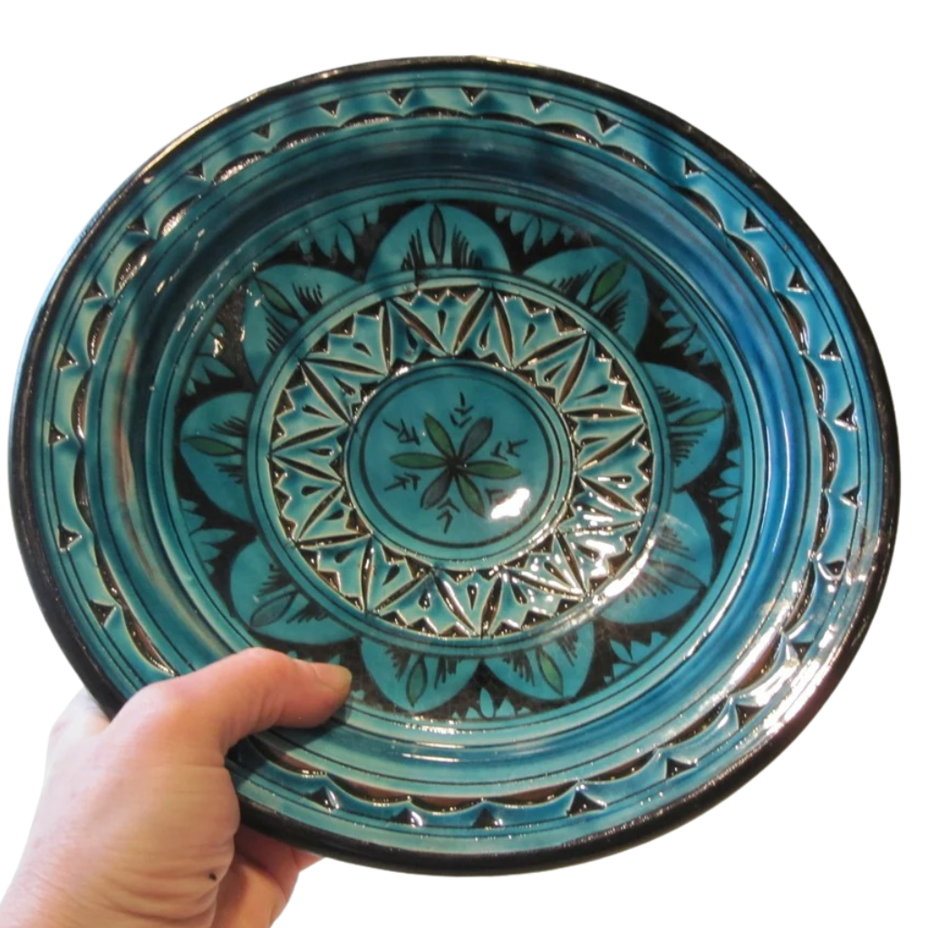 Hand Painted Moroccan Safi Pottery Plate with Traditional Blue Patterns Image 3