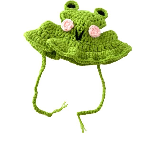 Green Crochet Frog Pet Hat with Pink Cheek Accents and Adjustable Straps