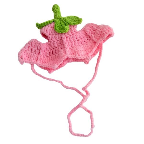 Pink Crochet Strawberry Pet Hat with Green Leaf Detail and Chin Straps