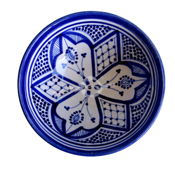 Hand Painted Moroccan Ceramic Soup Bowls with Blue Geometric Design