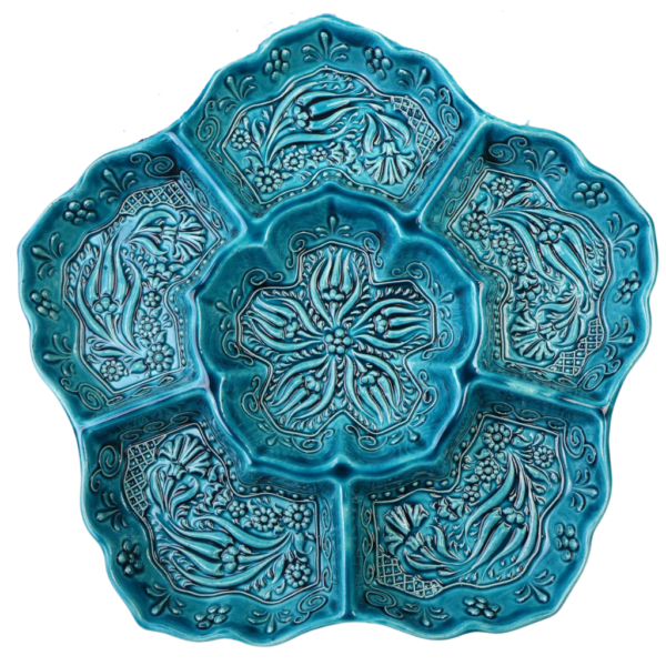 Handpainted Turquoise and Teal Ceramic Snack Tray with Flower Shaped Design