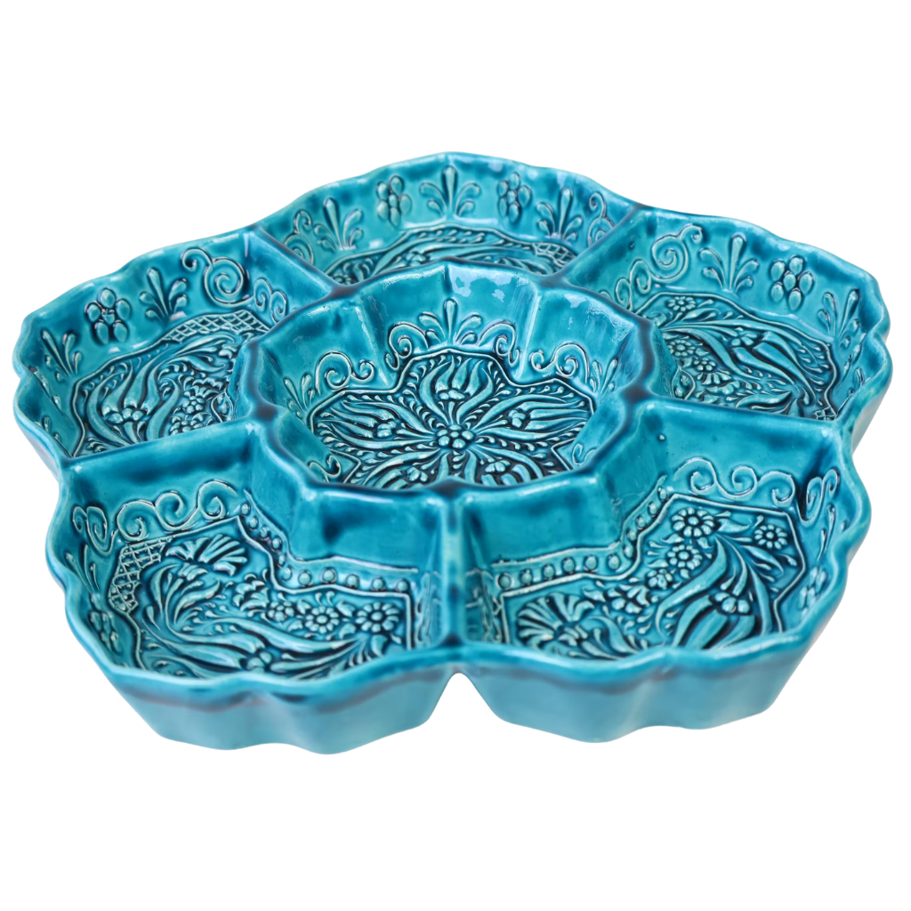 Handpainted Turquoise and Teal Ceramic Snack Tray with Flower Shaped Design Image 2
