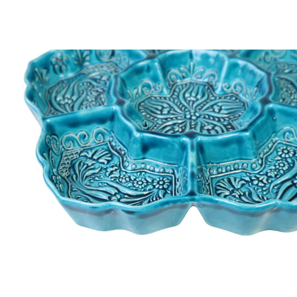 Handpainted Turquoise and Teal Ceramic Snack Tray with Flower Shaped Design Image 4