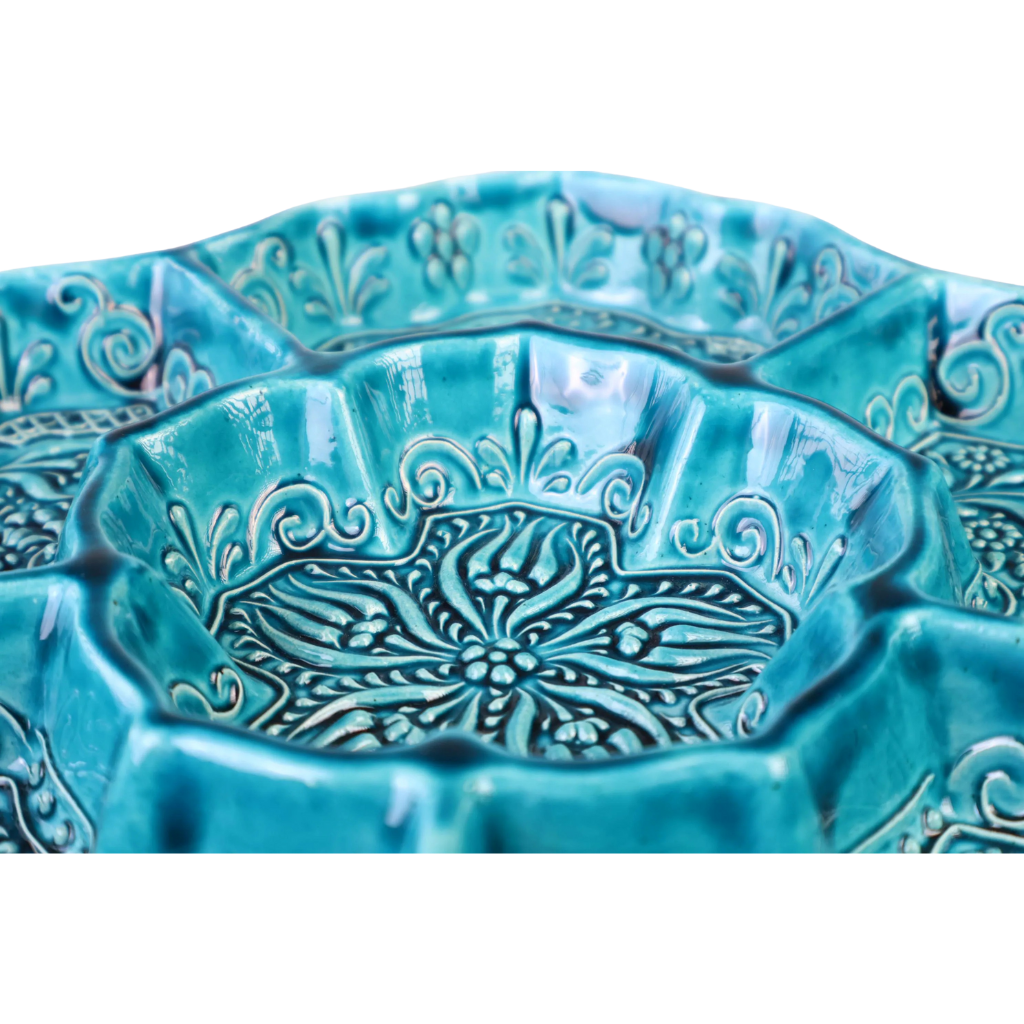 Handpainted Turquoise and Teal Ceramic Snack Tray with Flower Shaped Design Image 5