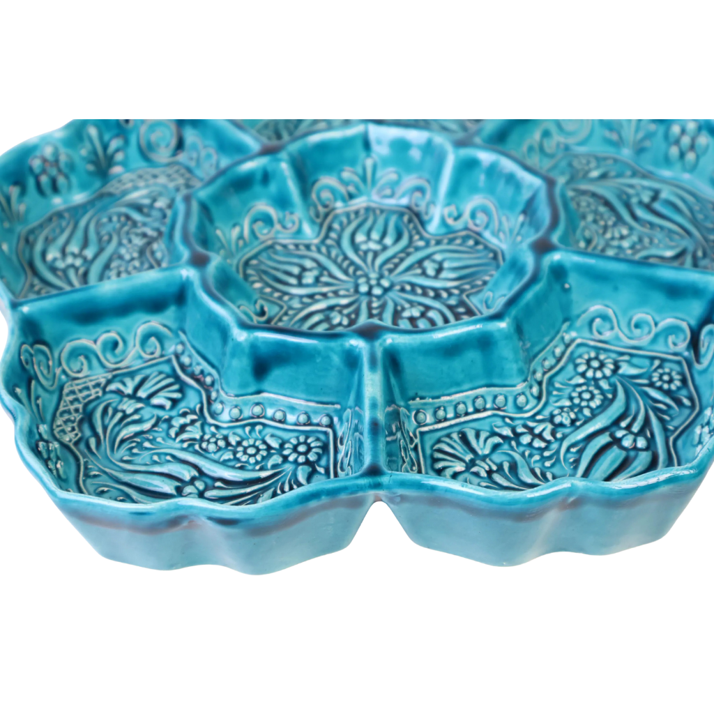 Handpainted Turquoise and Teal Ceramic Snack Tray with Flower Shaped Design Image 3