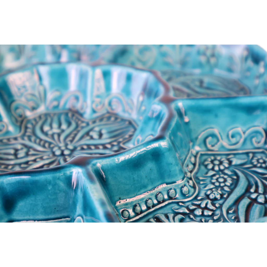 Handpainted Turquoise and Teal Ceramic Snack Tray with Flower Shaped Design Image 6