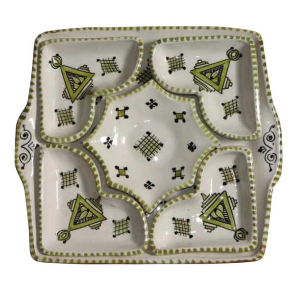 Handcrafted Moroccan Ceramic Serving Set with Green Berber Geometric Design