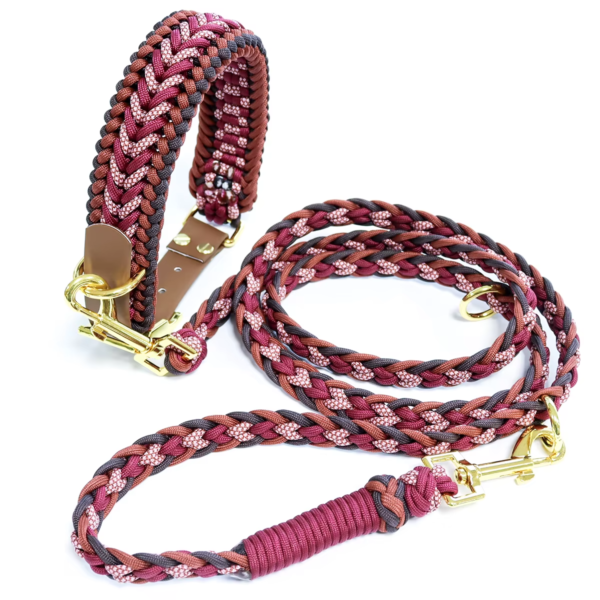 Braided Burgundy and Pink Dog Collar and Leash Set with Gold Tone Hardware