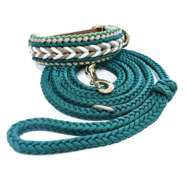 Braided Teal Dog Collar and Leash Set with Gold Tone Hardware