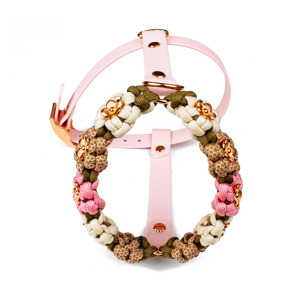Braided Floral Small Dog Harness with Pink Adjustable Straps and Gold Tone Hardware Image 3