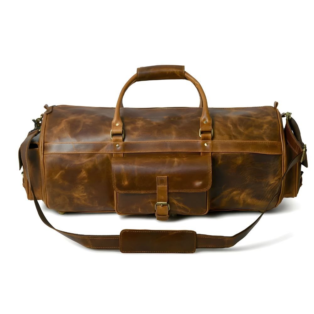 Rugged Full Grain Leather Overnight Bag, Vintage Brown Travel Duffle