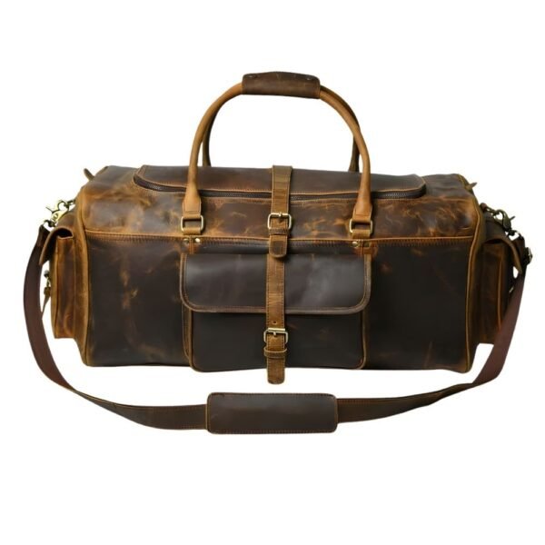 24 Inch Rugged Leather Weekend Duffle Bag, Multi Pocket Holdall, Dark Cocoa Brown