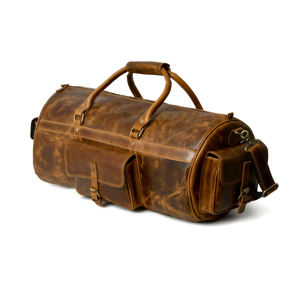 Rugged Full Grain Leather Overnight Bag, Vintage Brown Travel Duffle Image 2