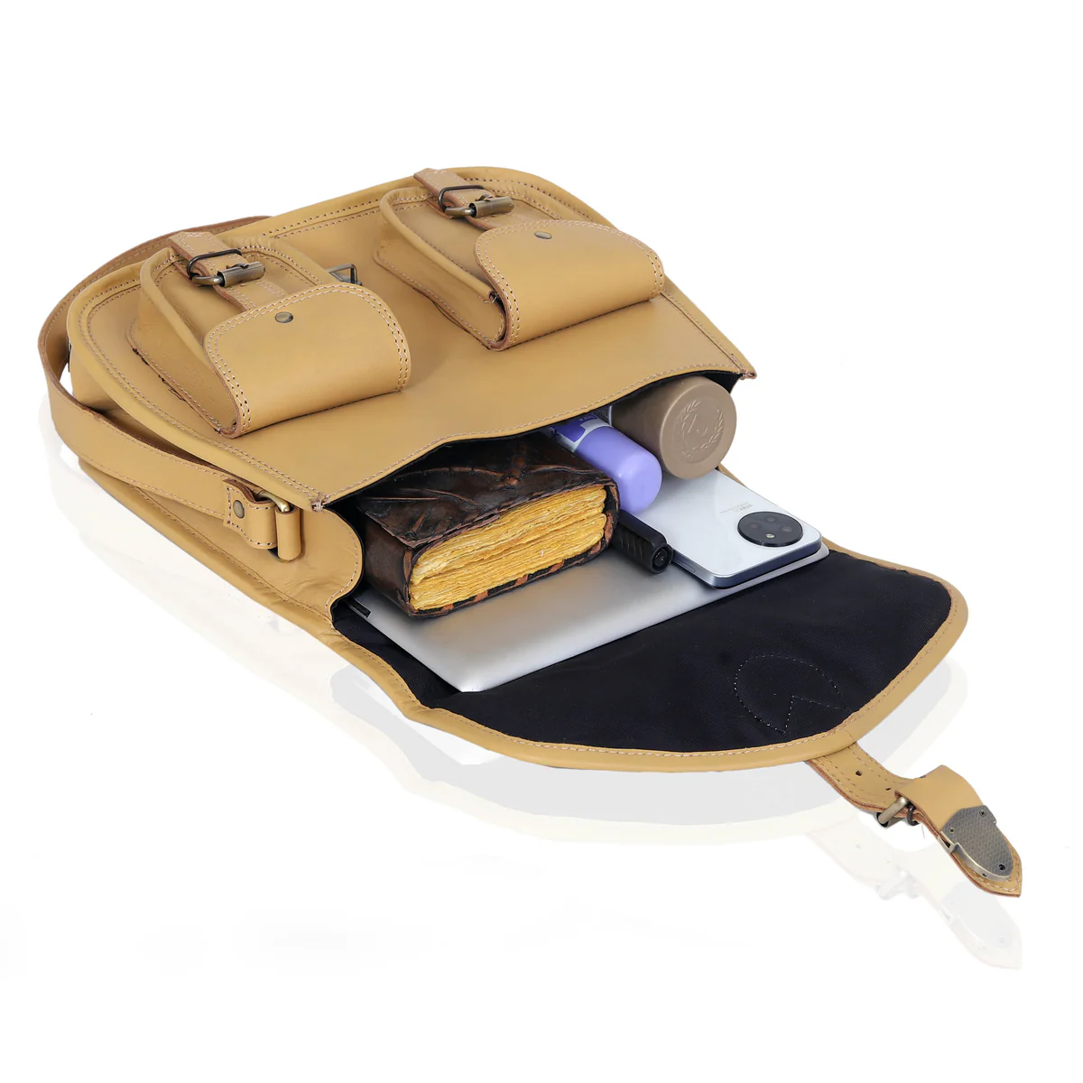 Handcrafted Leather Messenger Crossbody Bag, Vintage Tan Multi‑Pocket Satchel for Women Image 9