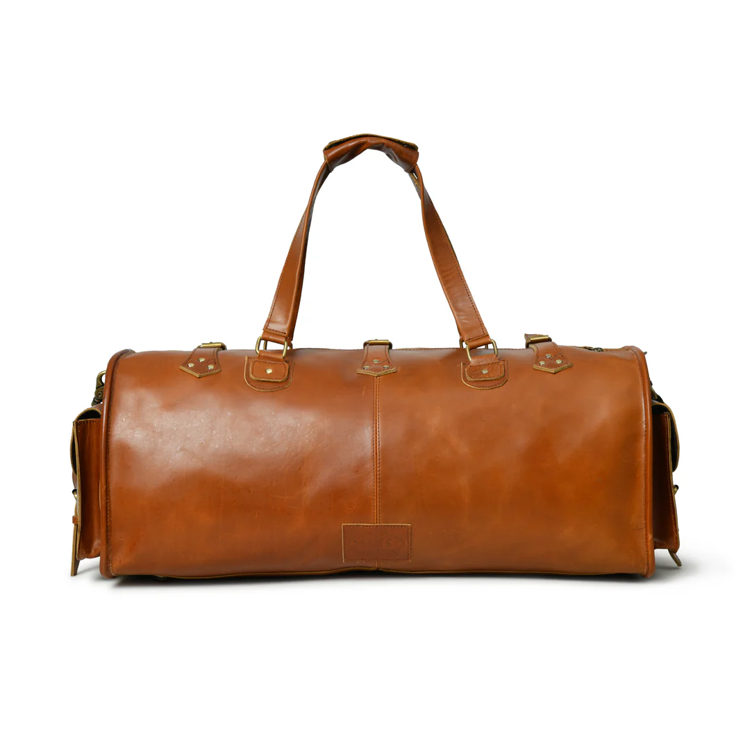Handcrafted Full Grain Leather Duffle Bag, Large Weekend Holdall, Tan Brown Image 12