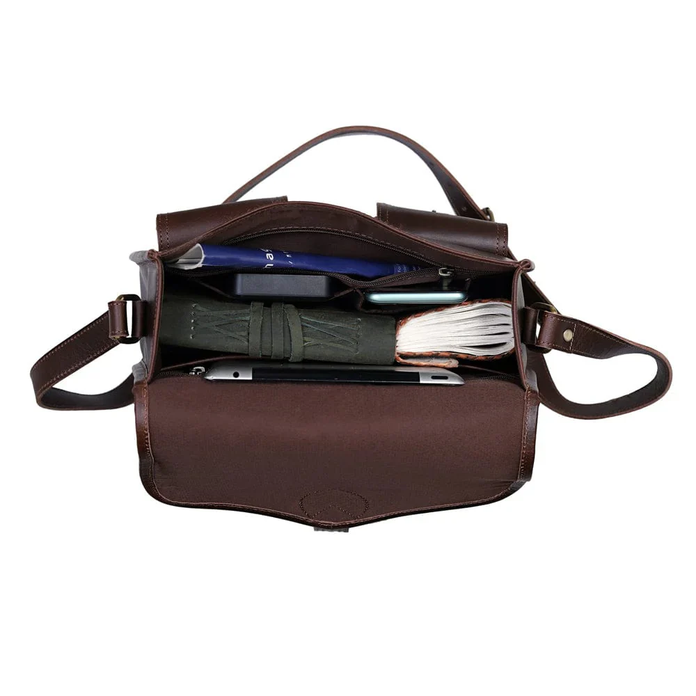 Handcrafted Ebony Brown Leather Crossbody Satchel, Multi‑Pocket Bag for Women Image 3
