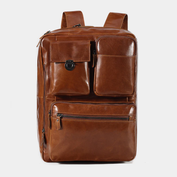 Convertible Full Grain Leather Backpack Briefcase   Cognac Brown Multi Pocket Laptop Bag