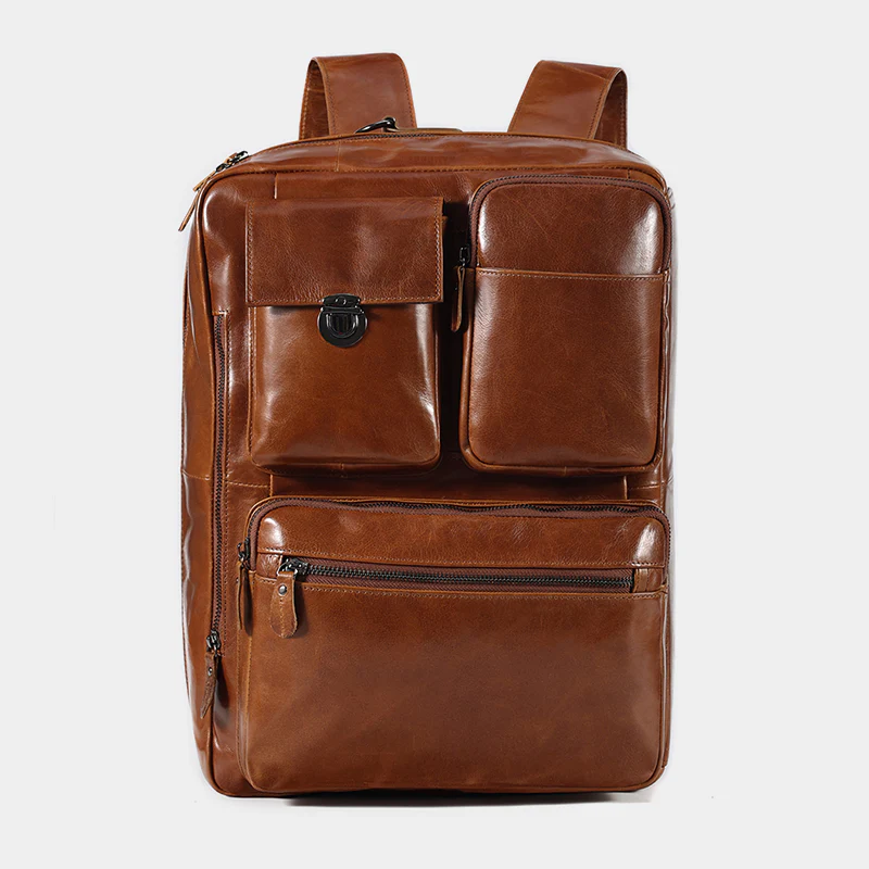 Convertible Full Grain Leather Backpack Briefcase Cognac Brown Multi Pocket Laptop Bag