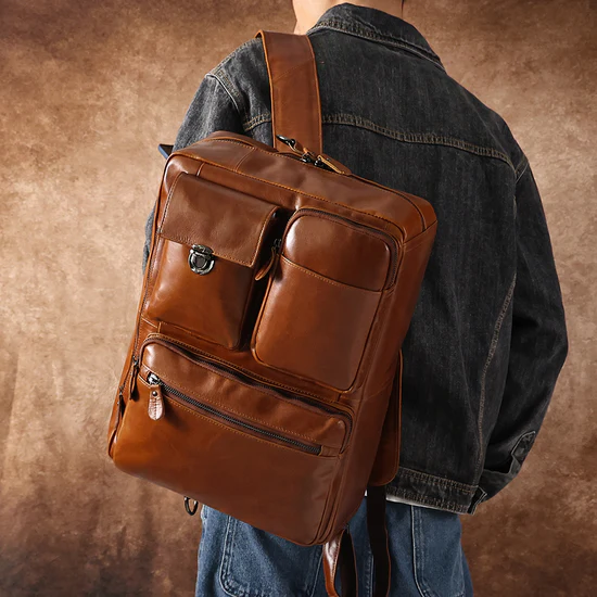 Convertible Full Grain Leather Backpack Briefcase Cognac Brown Multi Pocket Laptop Bag Image 12