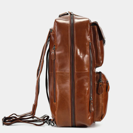 Convertible Full Grain Leather Backpack Briefcase Cognac Brown Multi Pocket Laptop Bag Image 5