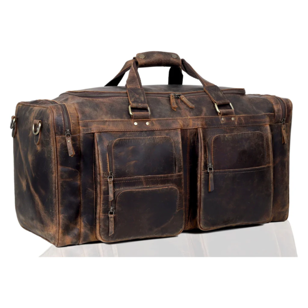 Vintage Distressed Leather Duffle Bag, Large Multi‑Pocket Weekender, Dark Brown