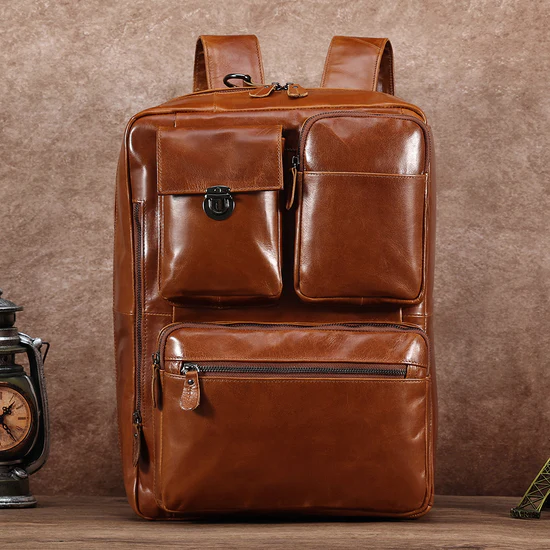 Convertible Full Grain Leather Backpack Briefcase Cognac Brown Multi Pocket Laptop Bag Image 9