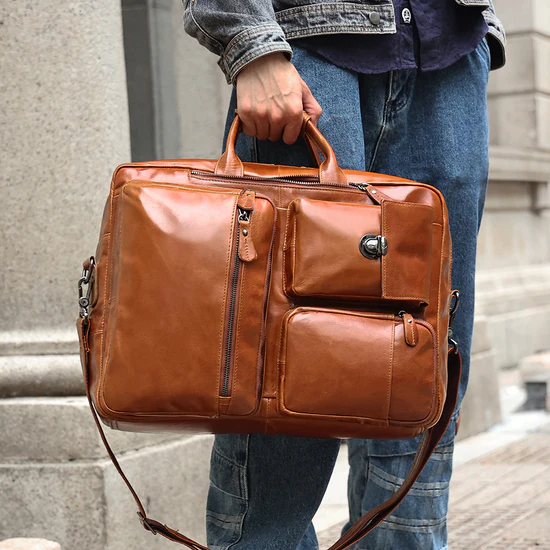 Convertible Full Grain Leather Backpack Briefcase Cognac Brown Multi Pocket Laptop Bag Image 10