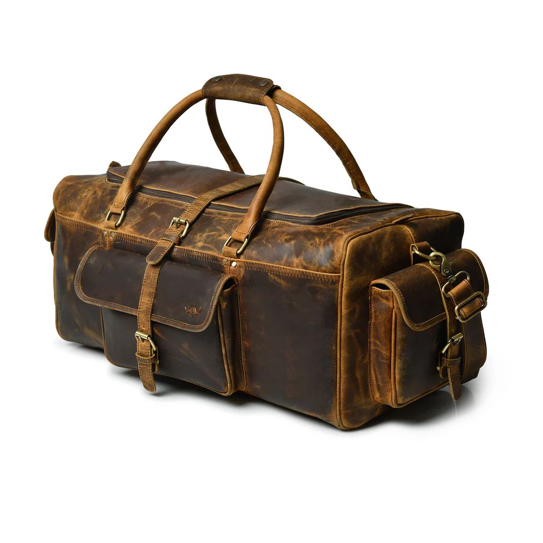 24 Inch Rugged Leather Weekend Duffle Bag, Multi Pocket Holdall, Dark Cocoa Brown Image 2