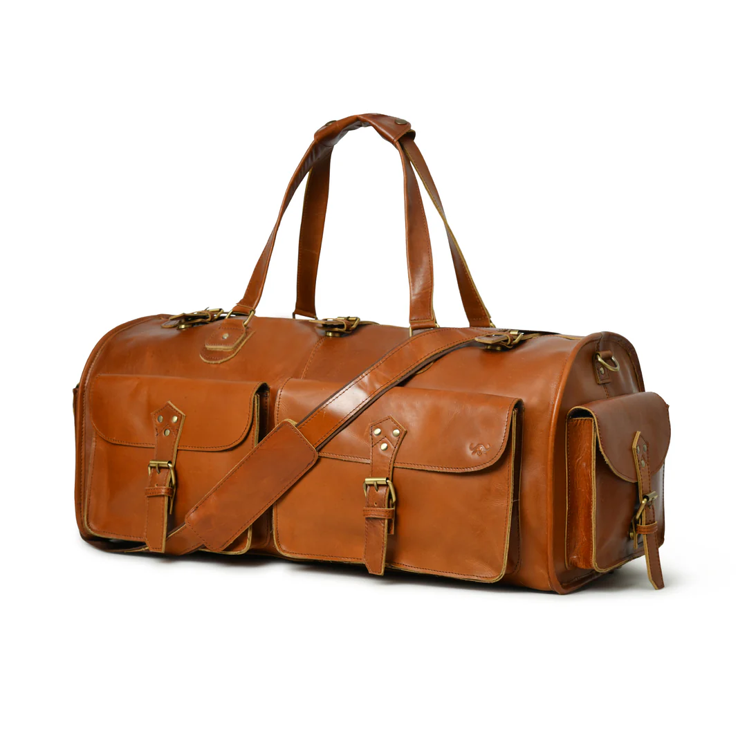 Handcrafted Full Grain Leather Duffle Bag, Large Weekend Holdall, Tan Brown Image 5