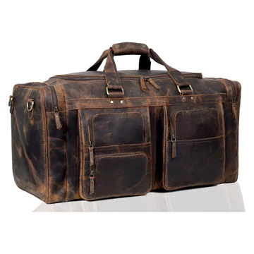Vintage Distressed Leather Duffle Bag, Large Multi‑Pocket Weekender, Dark Brown Image 6