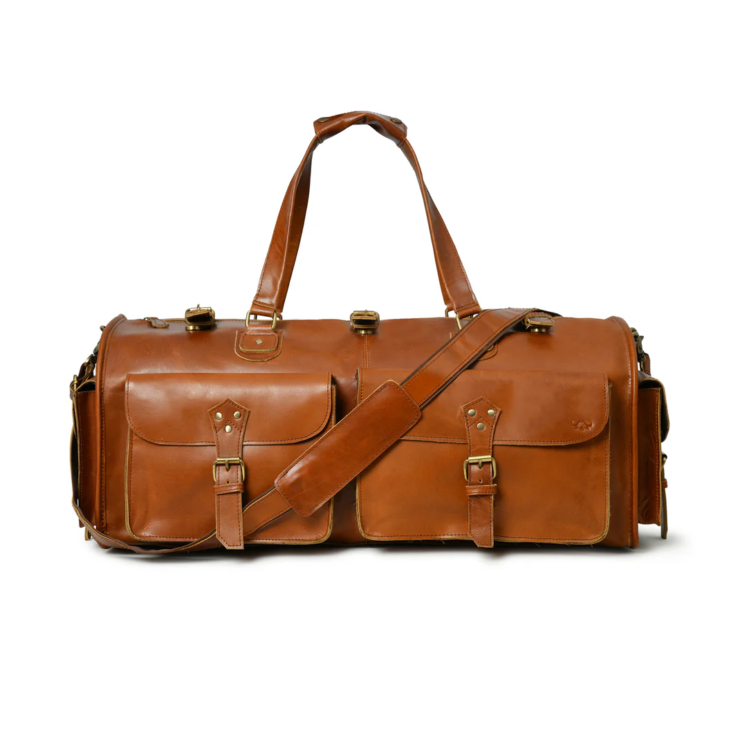 Handcrafted Full Grain Leather Duffle Bag, Large Weekend Holdall, Tan Brown Image 4
