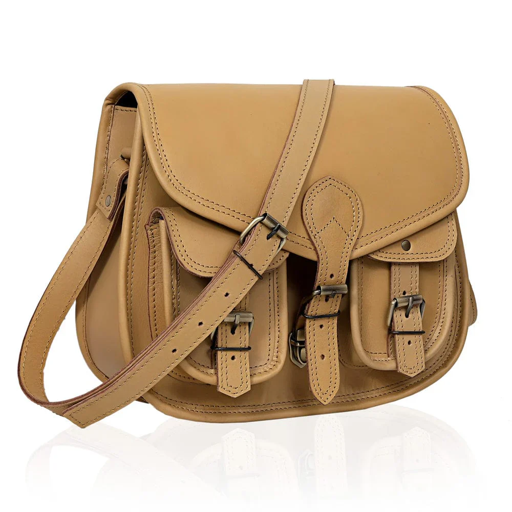 Handcrafted Leather Messenger Crossbody Bag, Vintage Tan Multi‑Pocket Satchel for Women Image 2