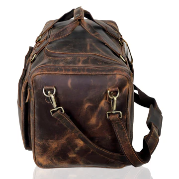 Vintage Distressed Leather Duffle Bag, Large Multi‑Pocket Weekender, Dark Brown Image 7
