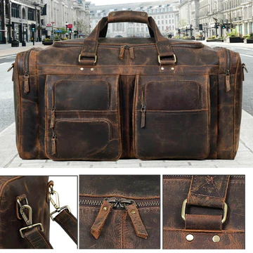 Vintage Distressed Leather Duffle Bag, Large Multi‑Pocket Weekender, Dark Brown Image 11