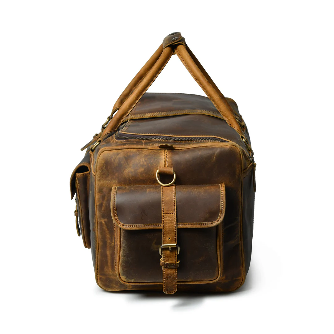 24 Inch Rugged Leather Weekend Duffle Bag, Multi Pocket Holdall, Dark Cocoa Brown Image 6
