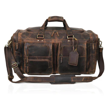 Vintage Distressed Leather Duffle Bag, Large Multi‑Pocket Weekender, Dark Brown Image 4