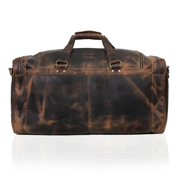 Vintage Distressed Leather Duffle Bag, Large Multi‑Pocket Weekender, Dark Brown Image 3