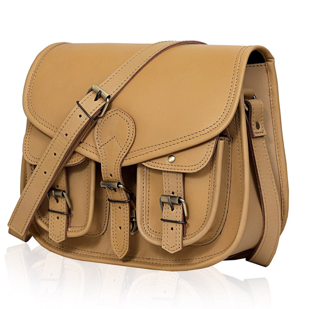 Handcrafted Leather Messenger Crossbody Bag, Vintage Tan Multi‑Pocket Satchel for Women Image 3