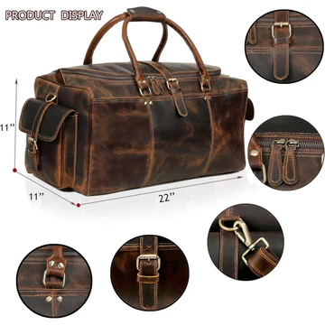Vintage Distressed Leather Duffle Bag, Large Multi‑Pocket Weekender, Dark Brown Image 9