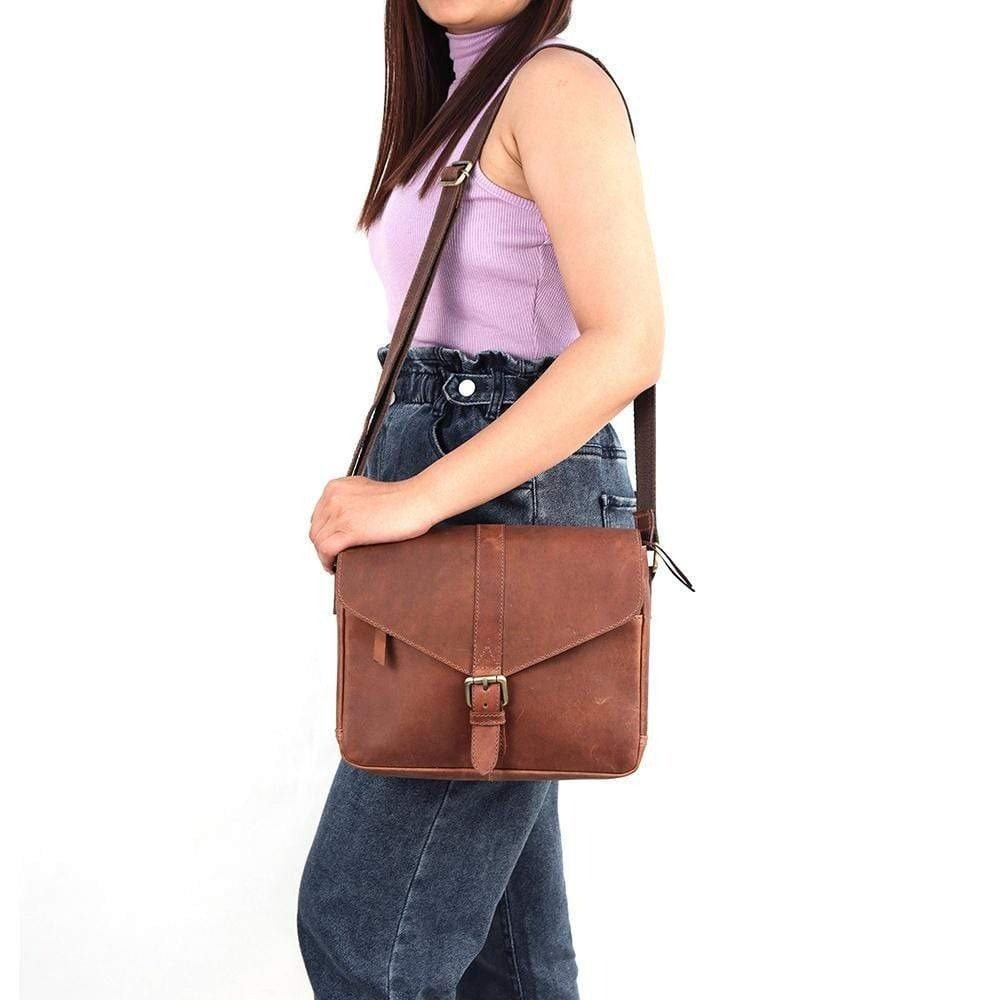 Mabel Handcrafted Full‑Grain Leather Crossbody Satchel, Vintage Brown, Multi‑Pocket Image 7