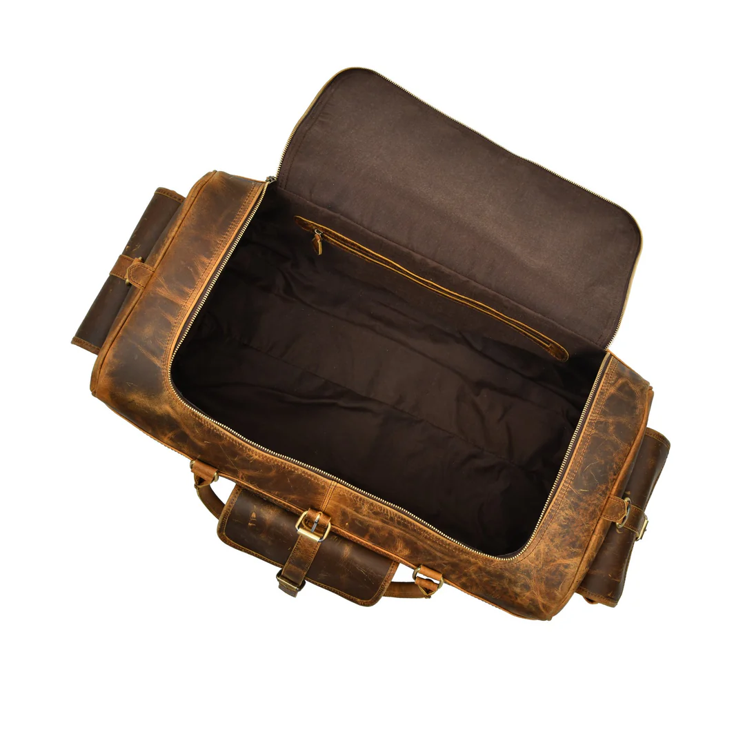 24 Inch Rugged Leather Weekend Duffle Bag, Multi Pocket Holdall, Dark Cocoa Brown Image 5