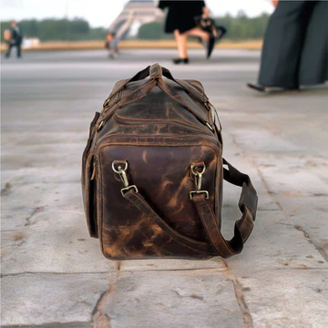 Vintage Distressed Leather Duffle Bag, Large Multi‑Pocket Weekender, Dark Brown Image 10